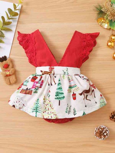 

baby girl christmas print lace detail bodysuit she, Blue