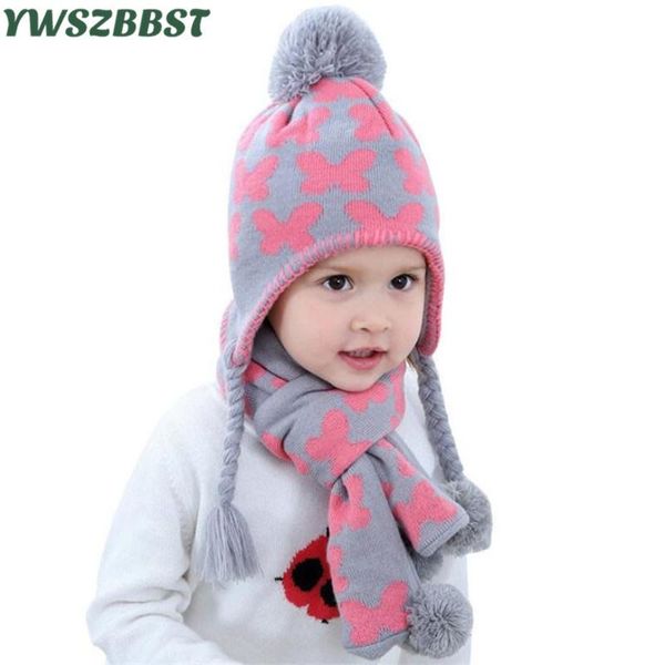 

caps & hats fashion butterfly baby hat with scarf kids girl cap and set knit autumn winter fit 6 months to age, Yellow