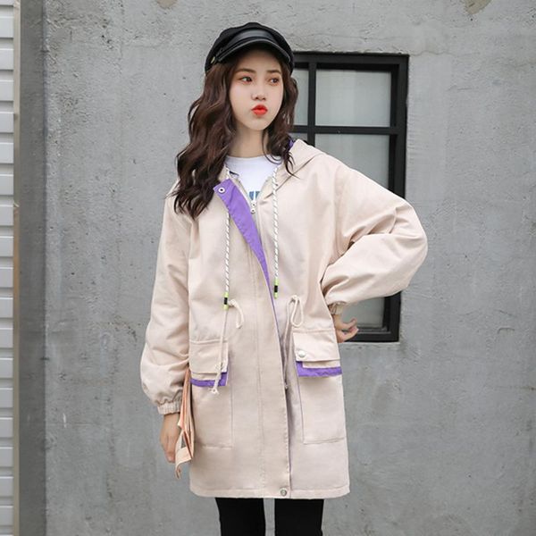 

women's trench coats 2021 spring female korean version of the windbreaker loose casual waist tooling straight zipper long a33, Tan;black