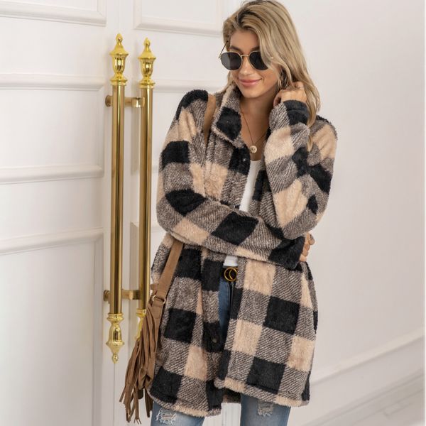 

women's coat oversized winter long plaid sleeve... 2020 fashion coats loose outwear vintage mujer chaquette., Black;brown