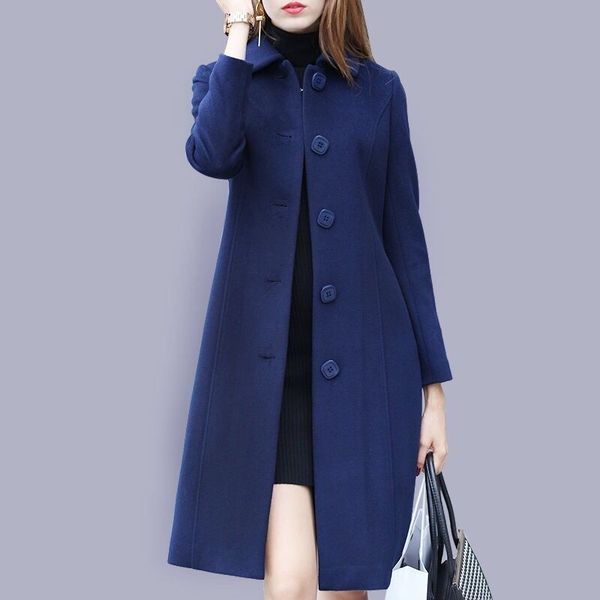

female autumn mid-long 2020 single breasted winter jacket casual sleeve long wool coat large ujil, Black