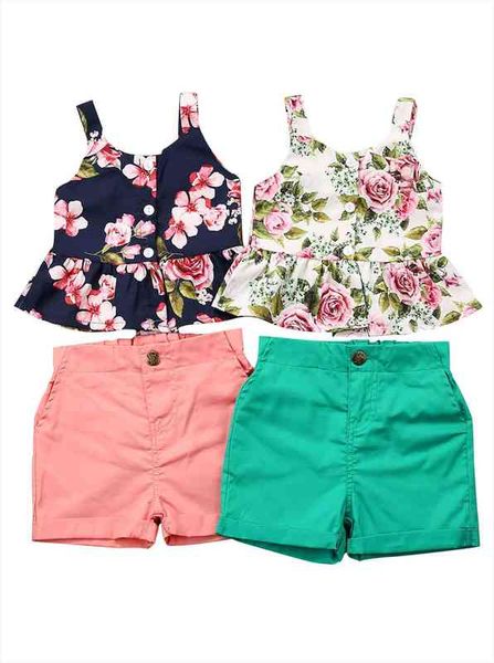

1-6y newborn baby girl 2pcs summer clothes sets floral print shorts pants outfits set, White