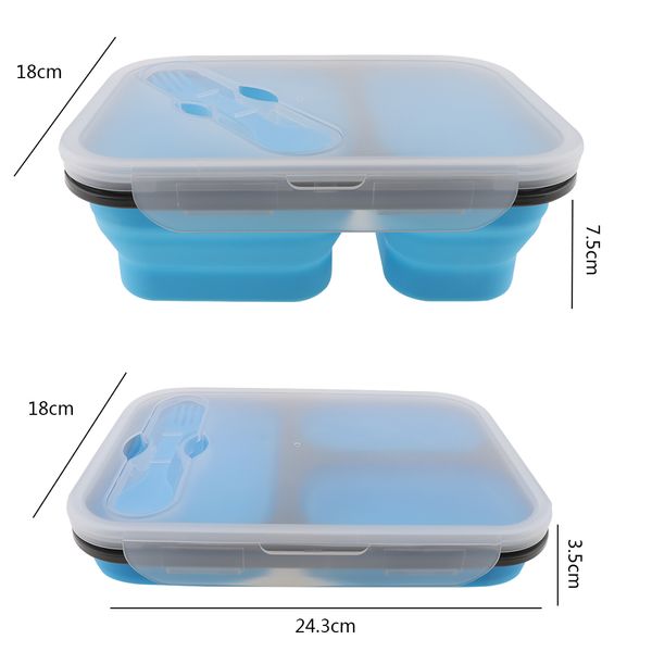 Silikon 1350 ML Taşınabilir Lunchbox Üç Kafes Dikdörtgen Kaşık Çatal Ile Ölçeklenebilir Katlanır Bento Kutusu Çift Amaçlı Sofra Y200429