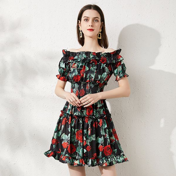 

fashion elegant women floral printing dress 2022 summer new women beach holiday vestidos patchwork ruffle slash neck sliming dresses, Black;gray