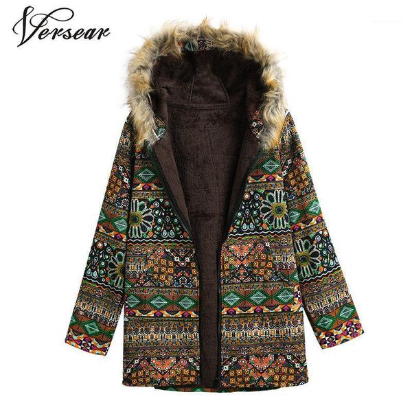 

versear fluffy faux fur women winter coat geometry print zipper hooded long sleeve pockets cotton outwear overcoat plus size 5xl1, Black