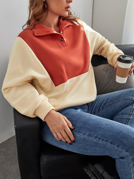 

plus colorblock dolman sleeve polo neck sweatshirt d30g#, Black