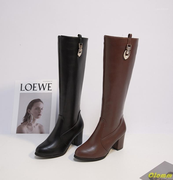 

boots fashion knee-high women round toe metal decoration boot high heels woman black brown large size 35-431