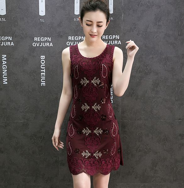 

summer sleeveless round neck lace floral vintage elegant fashion sequin knee length plus size formal party cocktail dresses, Black