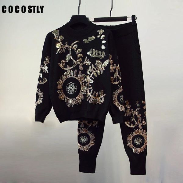 

2020 winter 2 piece set women knittes set sequins embroidered long sleeve knitting two piece suit, Gray