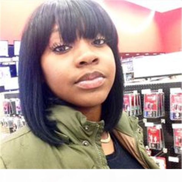 

brazilian virgin straight human hair bob wig unprocessed short human hair wigs with bang for black women, Black;brown