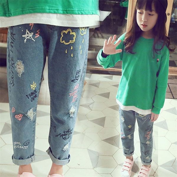 

personality cloud graffiti printing hole casual children jeans,children's clothing for girl kids pants boutique children trouser lj2008, Blue