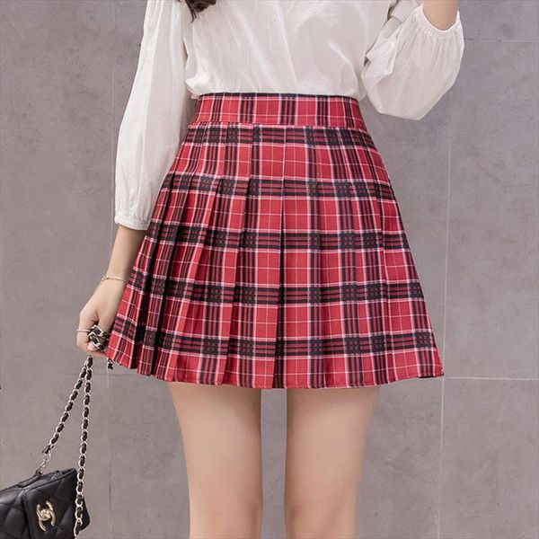 

fashion korean summer high waist skirt women school pleated skirts with pants red zipper mini plaid skirt faldas, Black