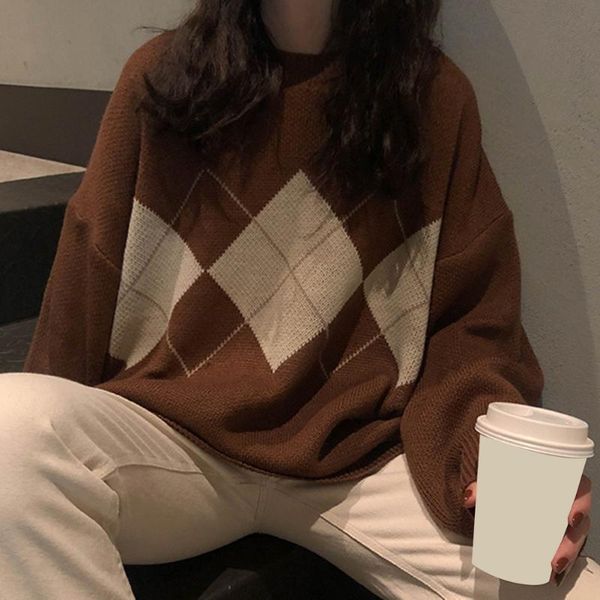 

women's sweaters women sweater lady geometric pattern round neck long sleeve jumper knitted loose casual pullover preppy style winter, White;black