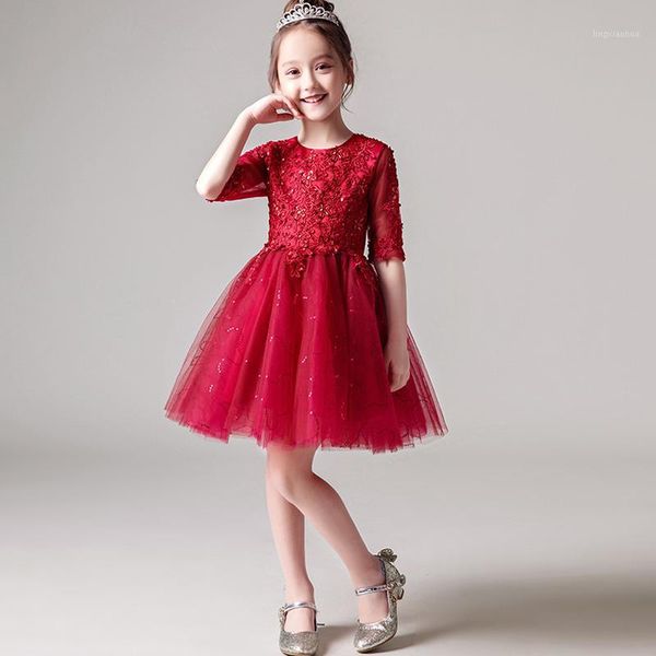 

u-swear 2020 new arrival kid flower girl dresses o-neck half sleeve lace sequined beaded chiffon ball gown mini pageant dresses1, Red;yellow