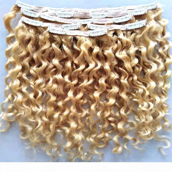 

brazilian virgin curly hair weft clip in hair extensions blonde 613# color human extensions can be dyed, Black;brown