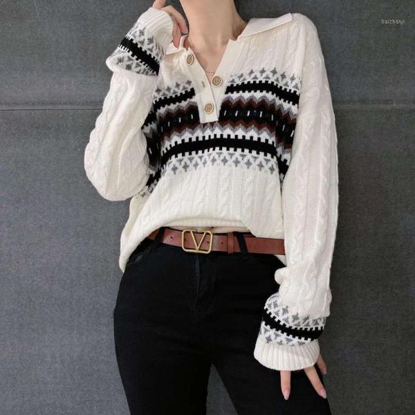 

2020 new autumn winter women's sweater temperament spliced casual lapel women pullover shirt female sweater 1, White;black