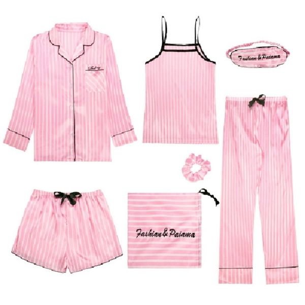 7 pezzi Pigiama da donna Set da donna Camicia da letto a righe rosa Seta sintetica Homewear Stampa floreale Comfort Soft Femme Sleepwear Bestie Gift 201113