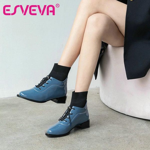 

esveva 2021 cow patent leather ankle boots autumn winter pointed toe square heel slip on women shoes big size 34-43, Black