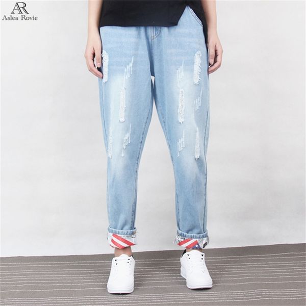 

ripped jeans women boyfriend cotton drawstring mom jeans plus size loose denim harem pant 6xl lj200811, Blue