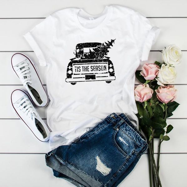 

women it's the season tree car truck merry christmas graphic ladies tshirt female womens clothes t tee shirts t-shirt, White