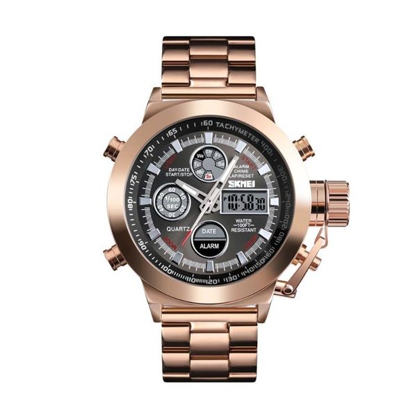 

wristwatches men quartz watch professional 3atm water resistant double display movements gmt time multifunctional luminous digital, Slivery;brown