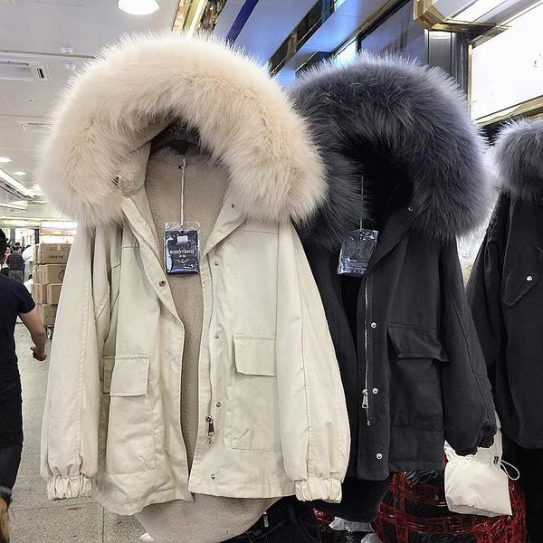 

berly boutique winter super large fur collar tool pocket cotton loose plus velvet thick liner cotton jacket women1, Black