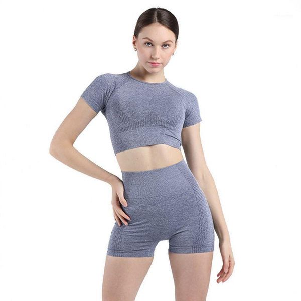 

yoga outfits women short sleeve set 2 piece seamless suit gym fitness crop + shorts g99d1, White;red
