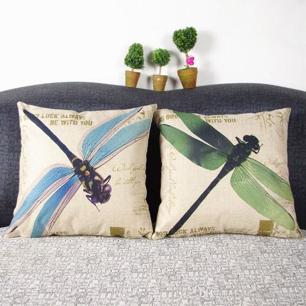 

american country color dragonfly oil painting illustrations pillow case doing old vintage pillowcase flax fiber blend sofa cushion cover