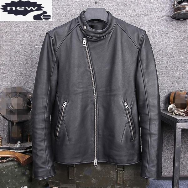 

men's leather & faux fashion sheepskin genuine coat mens slim short jackets vintage zipper pockets biker jacket streetwear, Black