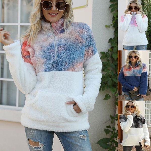 

amazon selling 2020 autumn and winter new style europe and america tie-dye joint pocket zipper stand collar long sleeve plus, Black