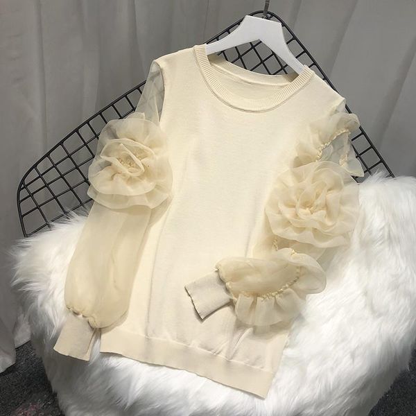 

women 2021 spring summer knitted organza patchwork lantern sleeve 3d flower pullover sweater fashion mujer femme, White;black