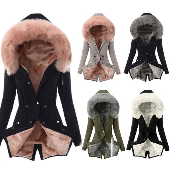 

womens hooded faux fur coat plus size ladies fur lining coat womens winter warm thick long jacket hooded overcoat jackets, Black;brown