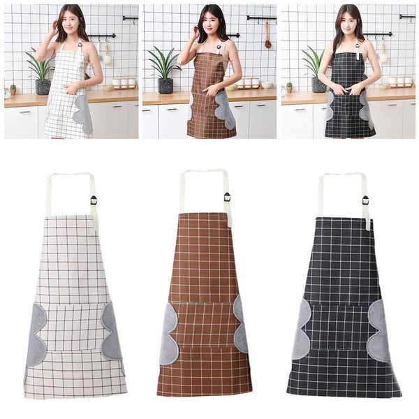

aprons plaid hand wipe antifouling waterproof apron erasable abrasion kitchen oil-proof large pocket coral fleece1