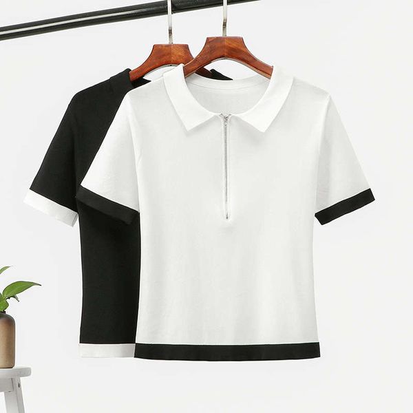 

new ice silk knitted fashion lapel zipper short sleeve t-shirt, Black;gray
