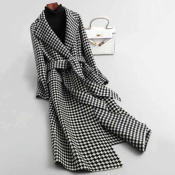 

fashion houndstooth wool coats womens long slim woolen windbreakers female spring autumn warm woolen coats houndstooth overcoat, Black