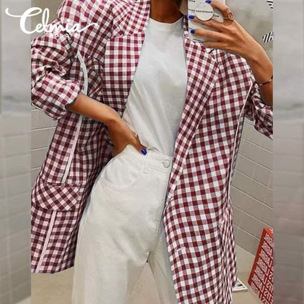 

s-5xl women blazers 2020 celmia stylish checkered suit plus size business loose office plaid buttons formal coats long blazer 7, White;black
