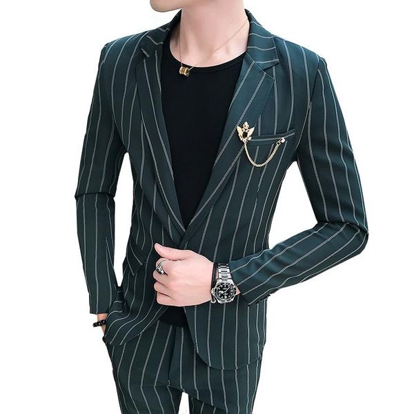 

men's suits & blazers spring single button small suit pants stripe slim fit jacket trousers striped male casual handsome two piece set, White;black