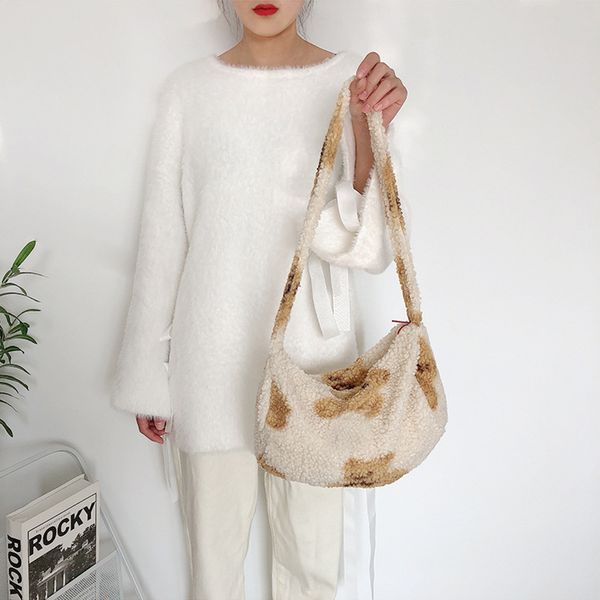 

youda casual 2020 winter cylinder cute plush bear handbag all-match fashion book shoulder bag lamb wool crossbody bags for girl c1223