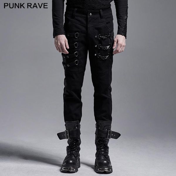 

punk rave men's punk simple handsome tight pants cool novelty fashion daily wear pencil trousers metal decoration, Black