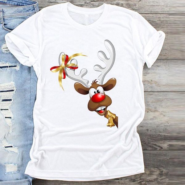 

women deer funny fashion kawaii 90s cartoon merry christmas print clothes graphic t shirt ladies female tshirts tee t-shirt, White