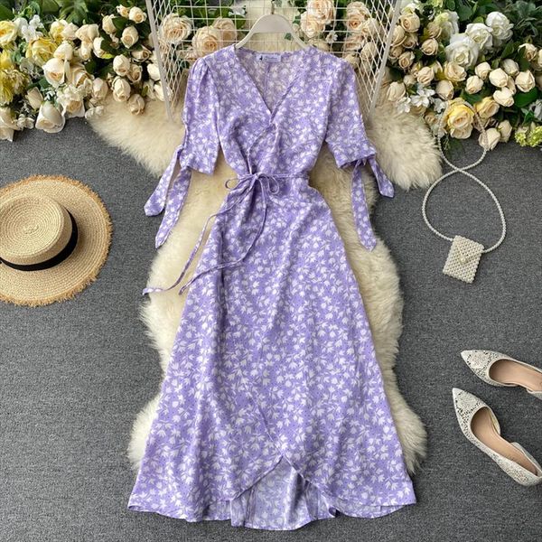 

new summer print floral dress women v neck chiffon bohemian dresses beach irregular female wrap midi long dress 2020, Black;gray