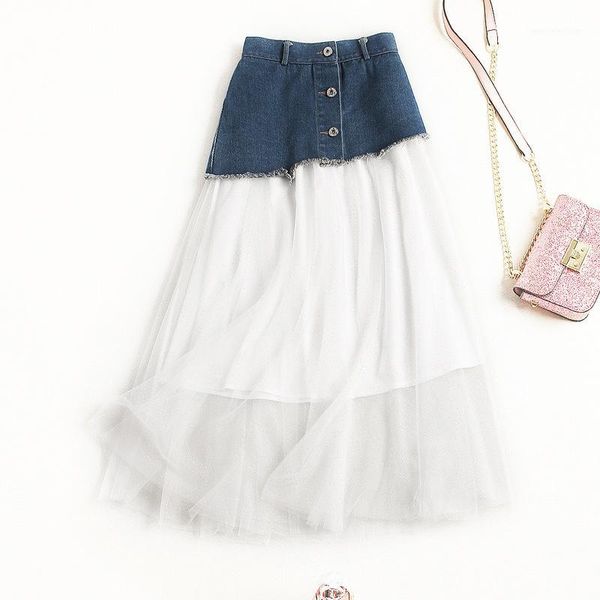 

for girls summer leading women's long denim tulle skirt euro-american fashion chic high waist skirt with buttons1, Black