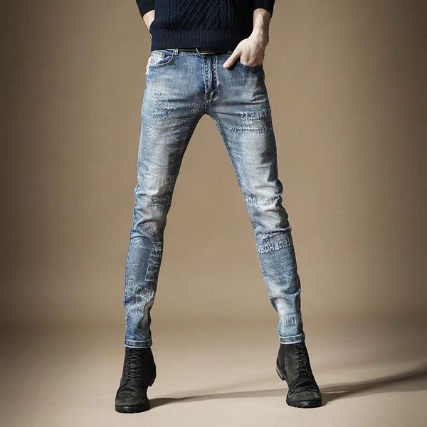 

new 2020 men's male embossed print jeans brand spring korean trend pants slim trousers, Blue