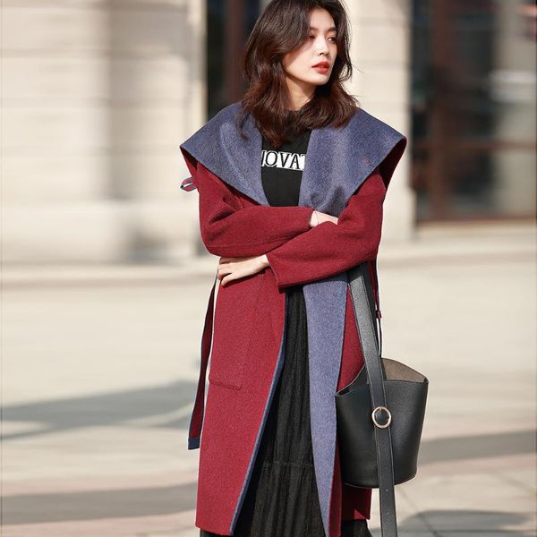 

women's wool & blends women double-sided cashmere cape overcoats winter woolen jackets high-end long handmade wine grey water outwear e, Black