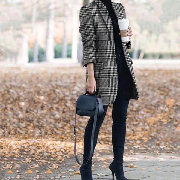 

women's suits & blazers 2021 autumn fashion women long sleeve slim double breasted blazer coat office lady black plaid femenino oversiz, White;black
