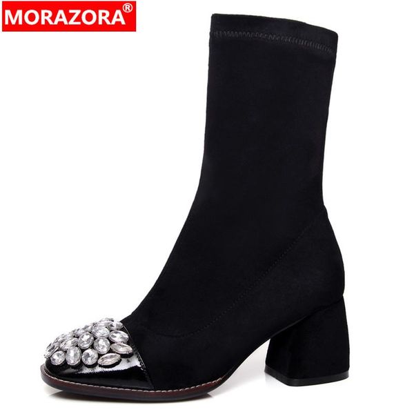 

boots morazora plus size 34-43 genuine leather faux suede stretch ankle women rhinestone thick high heels shoes, Black