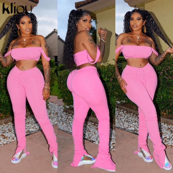 

kliou new tracksuit women fitness slash nec camisole crop stacked pants elastic hight summer activewear casual outfit 201104, Gray