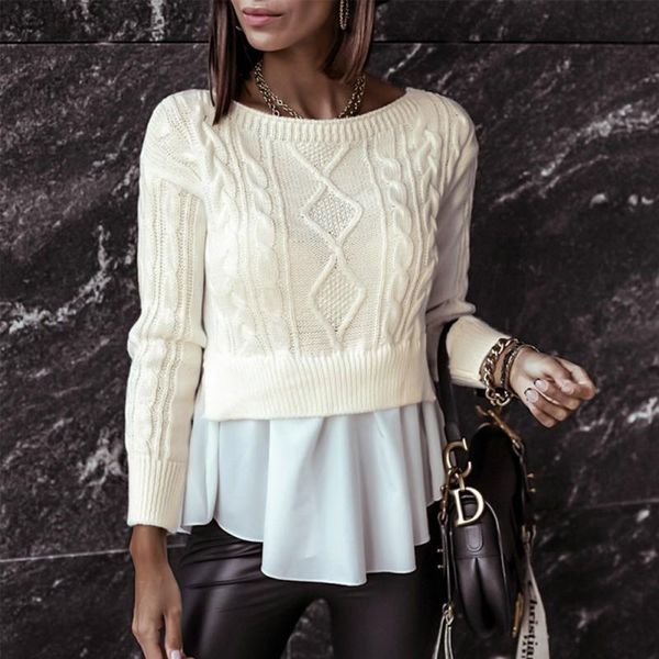 

осенний зимний свитер женщины круглые шеи функция сшивающая сшивающая пуловер повседневный с длинным рукавом вязаные свитера, White;black