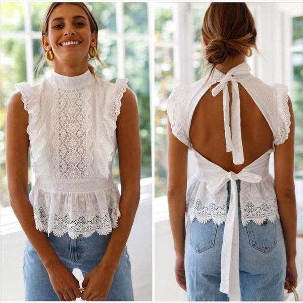 

backless lace embroidery womens and blouses ruffled hollow out peplum female summer style streetwear ladies sexy, White