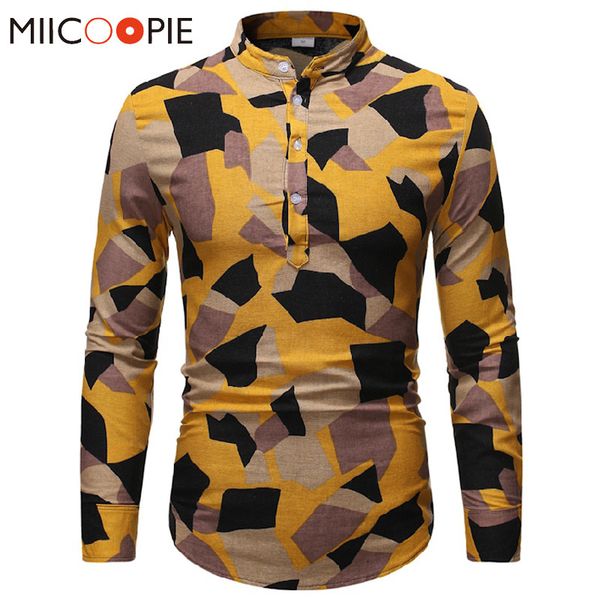 

yellow camouflage camisas hombre linen stand collar henley men shirt dress casual harajuku slim fit long sleeves mens shirts c1211, White;black